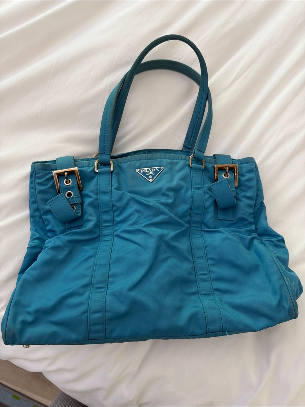 Authentic Prada Teal Nylon Tote with silver Accents